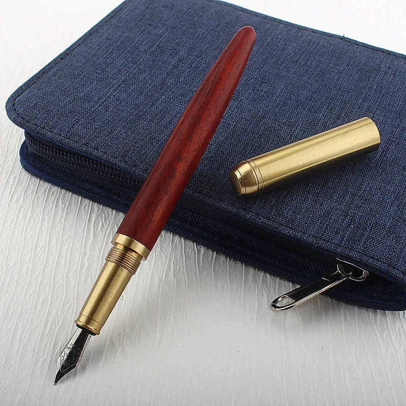 Luxury Quality Red Wood Fountain Pen Brass Copper Calligraphy Golden M Nib INK Pen Business Office School Supplies