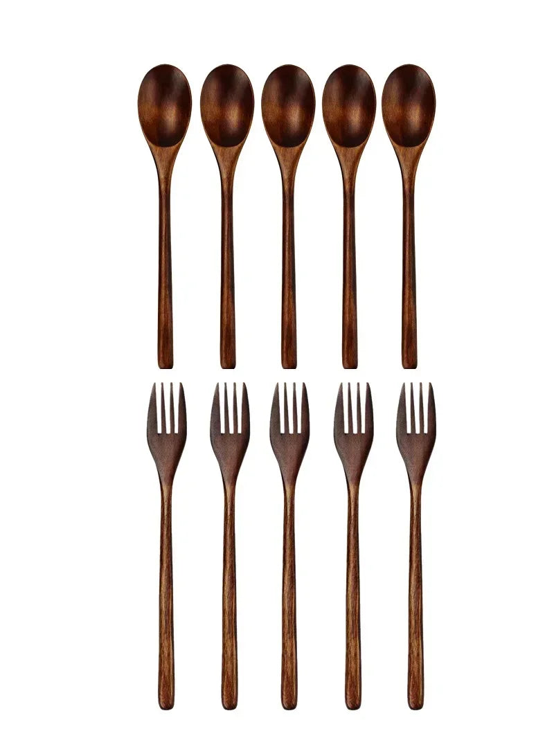 5 Pieces Wooden Spoon Soup and Fork Eco Friendly Products Tableware Natural Ellipse Ladle Set s for Cooking