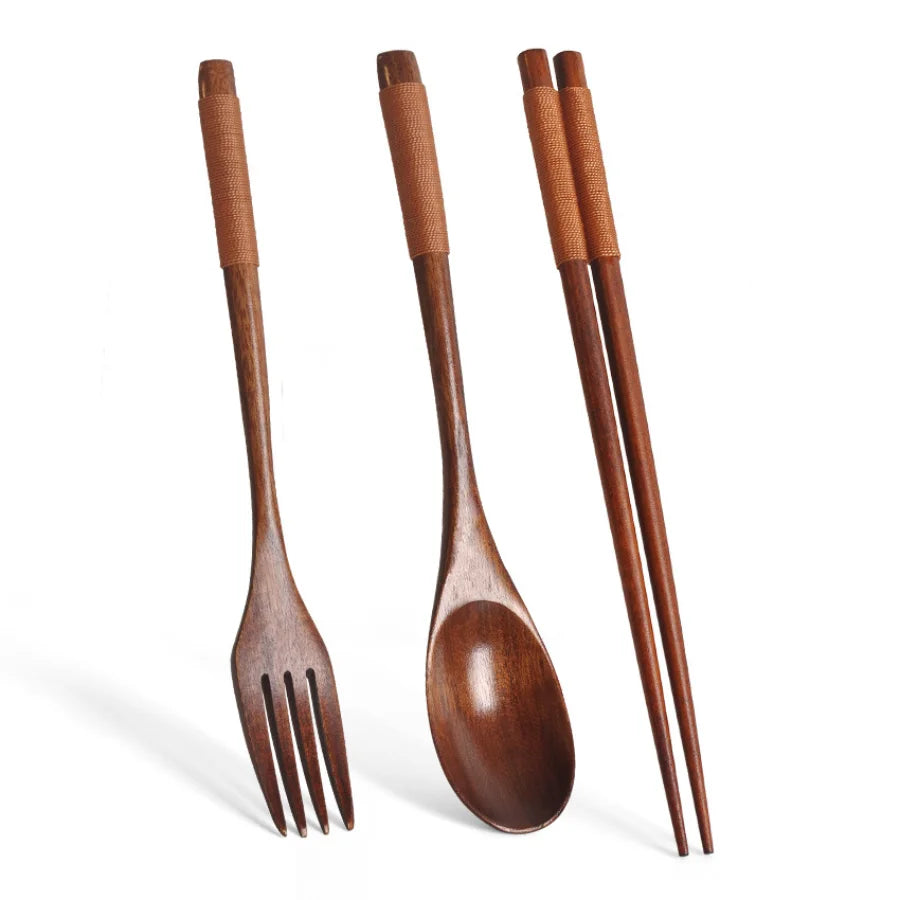 5 Pieces Wooden Spoon Soup and Fork Eco Friendly Products Tableware Natural Ellipse Ladle Set s for Cooking