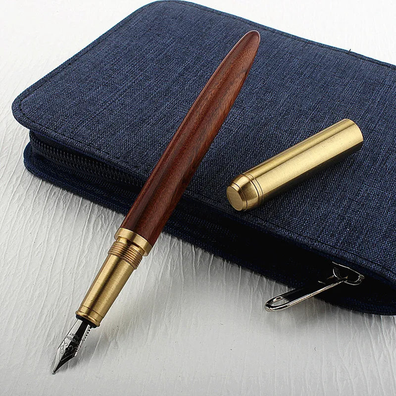 Luxury Quality Red Wood Fountain Pen Brass Copper Calligraphy Golden M Nib INK Pen Business Office School Supplies